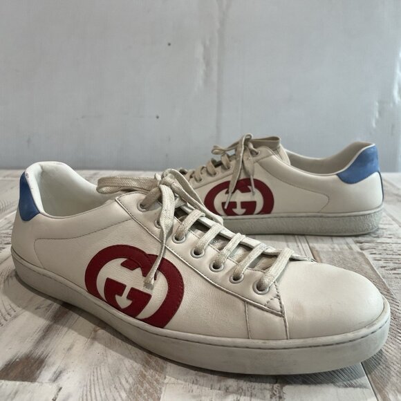 Gucci Ace Interlocking G Mens Leather White Red Sneaker Shoes 625783 - US 13 - Picture 1 of 14